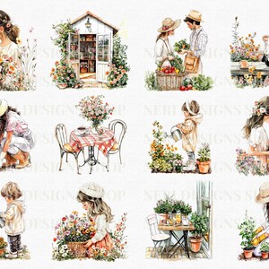 Puede incluir: Una ilustraci&oacute;n digital de diez escenas de acuarela que representan a personas que trabajan en el jard&iacute;n y disfrutan del aire libre. Las escenas incluyen a una mujer cuidando un jard&iacute;n de flores, una pareja trabajando en el jard&iacute;n juntos, una mujer sentada en un banco, una mujer regando plantas, una mujer recogiendo flores, una mujer sentada a una mesa con una taza de t&eacute;, una mujer plantando un &aacute;rbol, una mujer recogiendo flores, una mujer regando plantas y una mujer plantando flores.