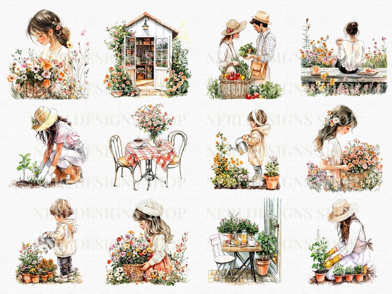 Puede incluir: Una ilustraci&oacute;n digital de diez escenas de acuarela que representan a personas que trabajan en el jard&iacute;n y disfrutan del aire libre. Las escenas incluyen a una mujer cuidando un jard&iacute;n de flores, una pareja trabajando en el jard&iacute;n juntos, una mujer sentada en un banco, una mujer regando plantas, una mujer recogiendo flores, una mujer sentada a una mesa con una taza de t&eacute;, una mujer plantando un &aacute;rbol, una mujer recogiendo flores, una mujer regando plantas y una mujer plantando flores.