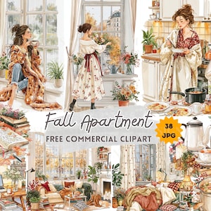 Può includere: Una raccolta di illustrazioni digitali con scene di appartamenti a tema autunnale, tra cui persone con abiti accoglienti, piante da interno e decorazioni stagionali. Il testo recita Fall Apartment FREE COMMERCIAL CLIPART 38 JPG.