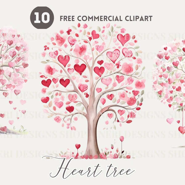 Heart tree Watercolor Clipart Bundle, Romantic Tree Free Commercial PNG, Love-themed Nature Graphics, Valentine's Day Art, Romantic Foliage