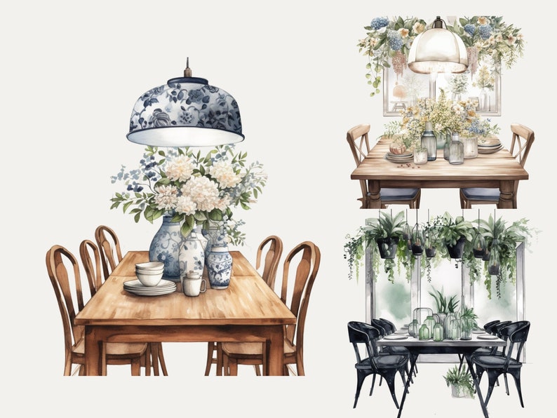 Floral Dining Room Watercolor Clipart Bundle Free Commercial Dining ...