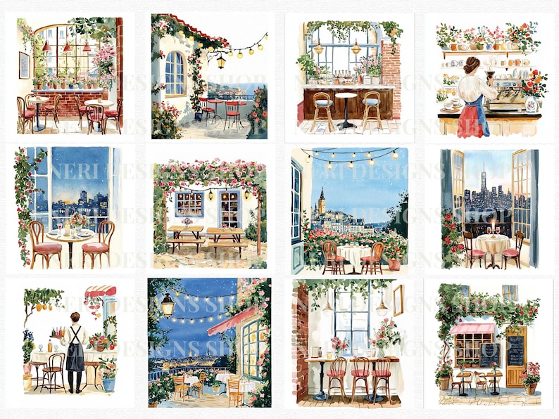 Bistro Scene Watercolor Clipart, Cozy Restaurant Free Commercial PNG ...