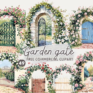 Gartentor Aquarell Clipart, Blumenbogen free kommerzielle PNG, rustikal aus Holz, Eisentor, Garteneingang Aufkleber für Journal, Scrapbook