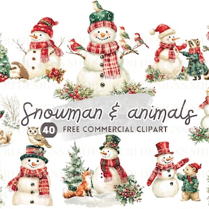Clipart aquarelle bonhomme de neige et animaux, ami de la forêt d'hiver, PNG commercial gratuit forêt de Noël, lapin enneigé, raton laveur, renard, oiseau, ours