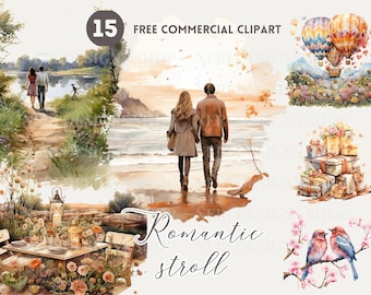 Romantic couple walk watercolor clipart bundle, date table setting free commercial PNG, love presents, love birds, hot air balloon graphic