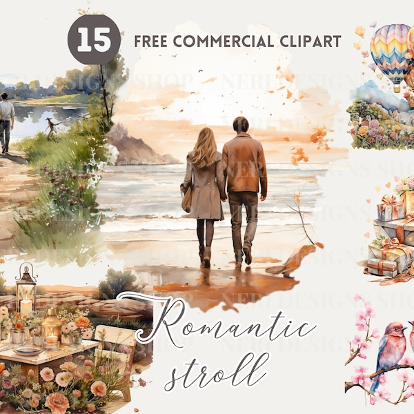 Romantic couple walk watercolor clipart bundle, date table setting free commercial PNG, love presents, love birds, hot air balloon graphic