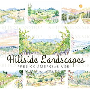 May include: Watercolor illustrations of hillside landscapes. The images depict rolling hills, vineyards, and roads, with a soft, painterly style. The text "Hillside Landscapes" and "FREE COMMERCIAL USE" is visible.
