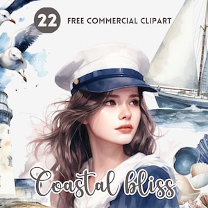 Könnte beinhalten: Eine Aquarell-Illustration einer Frau mit einem blauen Matrosenhut, im Hintergrund ein Leuchtturm, ein Segelboot und Muscheln. Der Text "Coastal bliss" ist im Vordergrund geschrieben.