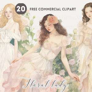 Floral lady aquarel clipart bundel Vintage vrouwelijke vrouw Gratis commerciële set, romantische bloemen vrouwelijke illustratie, bloemenmode jurk