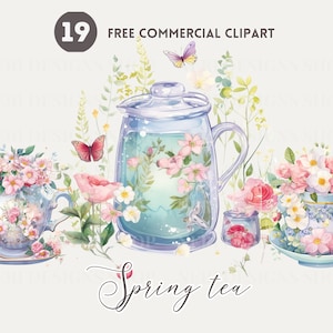 Lente bloemen thee aquarel clipart bundel, Dromerige lente theeset gratis commerciële PNG, Butterfly Tea Cup, Theepot, Kruik Illustratie