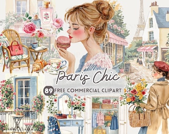パリのシックなライフスタイルの水彩画のクリップアート、ワードローブの無料商用PNG、プランナー用のフェミニンなステッカー、街の窓の景色、ロマンチックなグラフィック