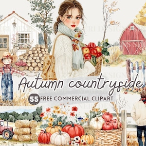 Herfst platteland aquarel clipart, herfsthuisje gratis commerciële png, vrouwelijke meisje sticker, schuur, tractor, meisje & pompoen, vogelverschrikker kunst