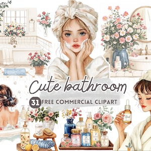 Leuke aquarel clipart badkamer, hygiëne huidverzorging meisje gratis commerciële png, badkuip, tijdschriftsticker badproduct, wastafel in de badkamer en plank