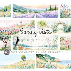 Paisagem de primavera aquarela clipart, Wildflower comercial grátis JPG, Floral Meadow adesivo para diário, Spring Lake, Bloom Panorama campo