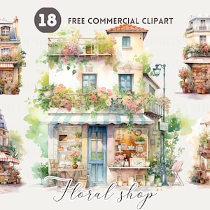 Floral storefront watercolor clipart bundle, Floral shopfront illustration PNG, Floral-themed storefront Free commercial set