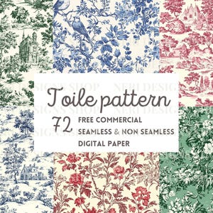 Toile de jouy aquarela sem costura padrão clipart pacote, floral toile não sem costura papel digital livre comercial, pastoral toile decoração arte