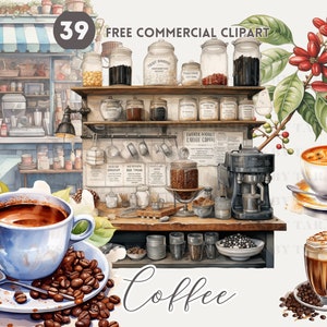 Koffie aquarel clipart bundel, café gratis commerciële PNG set, espresso, koffieshop illustratie, café scène, koffieteller, koffieboon