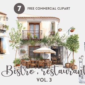 Bistro watercolor clipart bundle Restaurant free commercial clipart set Instant Download Dining place illustration set