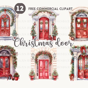 Christmas door Watercolor Clipart Bundle, Festive Entryway Free Commercial PNG, Holiday Home Decor Illustration, Seasonal Portal