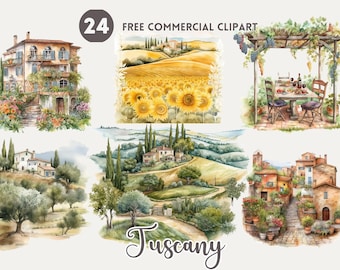 Tuscany watercolor clipart bundle Rolling hill Landscape Free commercial Tuscan Villa clipart set Italian countryside Illustration Vineyard