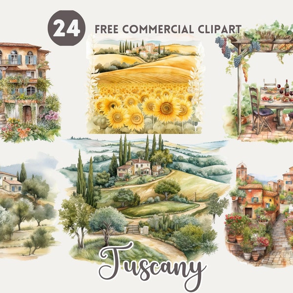 Tuscany watercolor clipart bundle Rolling hill Landscape Free commercial Tuscan Villa clipart set Italian countryside Illustration Vineyard