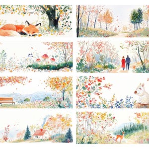 Op de afbeelding: Aquarel illustraties van herfsttaferelen. Een slapende vos, een pad door een bos, een stel dat wandelt, een eekhoorn met een noot, een huis met een rood dak en een hert in een bos. Het kunstwerk heeft warme kleuren.
