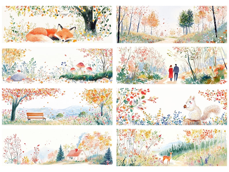 Op de afbeelding: Aquarel illustraties van herfsttaferelen. Een slapende vos, een pad door een bos, een stel dat wandelt, een eekhoorn met een noot, een huis met een rood dak en een hert in een bos. Het kunstwerk heeft warme kleuren.