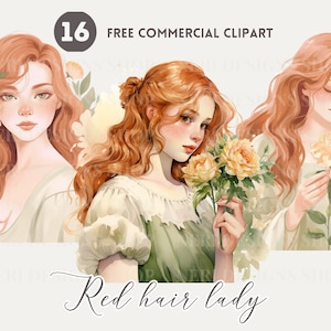 Rood haar meisje aquarel clipart bundel, meisje met bloem gratis commerciële png, bloemendame illustratie, vrouwelijke graphics, bloemenhaar kunst
