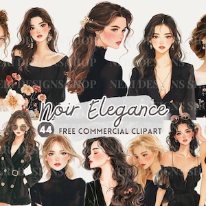 Clipart aquarelle de femme chic en tenue noire, PNG commercial gratuit, élégante fille élégante, sticker féminin pour journal, planificateur de mode sombre