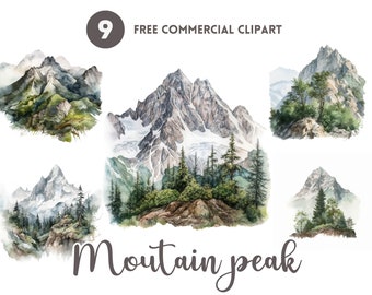 Paquete de imágenes prediseñadas de acuarela de pico de montaña Conjunto de imágenes prediseñadas comerciales de paisaje Descarga instantánea Conjunto de ilustraciones de naturaleza verde