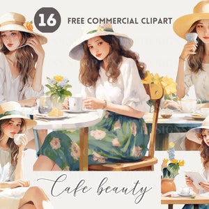 Dame die koffie drinkt aquarel clipart bundel, Tea Sipping Girl Gratis commerciële png Vrouwelijke Cafe girl graphic, Stijlvolle Hoed en Flower Cafe