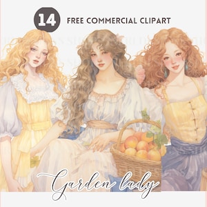 Vintage dame aquarel clipart bundel, klassieke vrouw en bloemen Gratis commerciële set, romantisch meisje en fruitmand illustratie