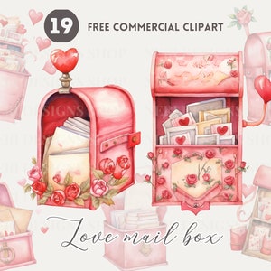 Paquete de imágenes prediseñadas de acuarela de buzón de carta de amor, romance del día de San Valentín Conjunto PNG comercial gratuito, ilustración de amor, gráfico de sobre de corazón