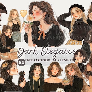 黒い服を着た女の子の水彩画のクリップアート、ノワール ファッション スタイルの無料商用 PNG、ジャーナル用のフェミニンなステッカー、ダーク ドレス、黒の美学