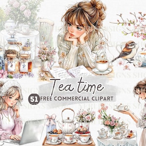 Theetijd aquarel clipart, vintage thee verzamelen gratis commerciële png, urban girl en thee, theeblad, bloementhee-instelling, theepotcontainer
