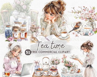 Tea time watercolor clipart, Vintage tea gathering free commercial PNG, Urban Girl and tea, Tea Tray, floral tea Setting, tea jar container