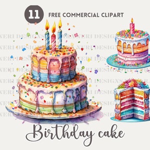 Regenbogen Geburtstagstorte Aquarell Clipart Bundle, Obstkuchen mit Kerze, Free kommerzielle PNG-Set, Geburtstagsfeier Illustration