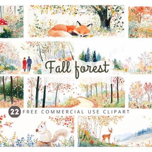 Op de afbeelding: Watercolor clipart set met verschillende herfstbossen. Bevat afbeeldingen van een vos, een stel, een eekhoorn, een hert en bospaden. De tekst "Fall forest" en "22 FREE COMMERCIAL USE CLIPART" zijn ook zichtbaar.