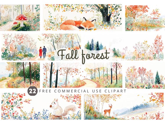Fall landscape watercolor clipart, Autumn forest free commercial JPG, Design for Washi Tape, Cozy Fall Animal of Squirrel, Deer, Fox Graphic