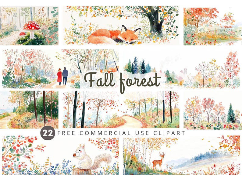 Op de afbeelding: Watercolor clipart set met verschillende herfstbossen. Bevat afbeeldingen van een vos, een stel, een eekhoorn, een hert en bospaden. De tekst "Fall forest" en "22 FREE COMMERCIAL USE CLIPART" zijn ook zichtbaar.