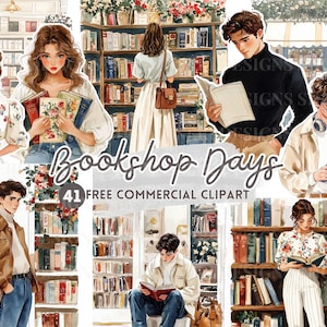 以下が含まれることがあります： 「Bookshop Days」と題された水彩イラスト。書店で本を読む複数の人物が描かれています。画像には本棚、フラワーアレンジメント、テキスト「41 FREE COMMERCIAL CLIPART」が含まれています。