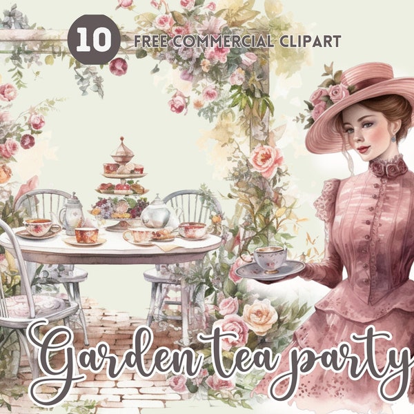 Vintage Rose garden tea party Watercolor Clipart Bundle Free Commercial Floral Garden PNG Clipart Tea break Illustration Downloadable