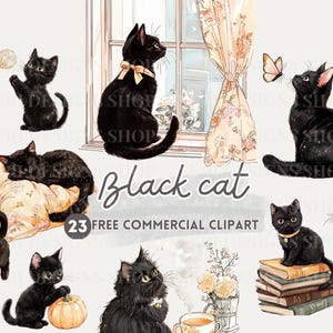 May include: A set of 23 black cat illustrations, perfect for commercial use. The illustrations feature black cats in various poses, including sitting, sleeping, and playing with yarn. The illustrations are drawn in a cute and whimsical style, with watercolor-like textures.