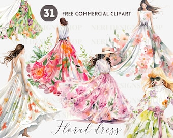 Lady in Floral Dress Watercolor Clipart Bundle, Feminine Woman