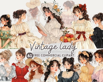 Vintage lady Portrait watercolor clipart, Victorian lady free commercial PNG, reading, backview retro woman, classic elegant noble girl art