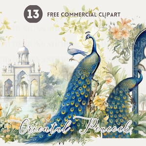 May include: Watercolor illustration featuring two peacocks with vibrant blue and green plumage, perched amidst lush foliage and architectural elements. The image includes text that reads "Oriental Peacock" and "Free Commercial Clipart".