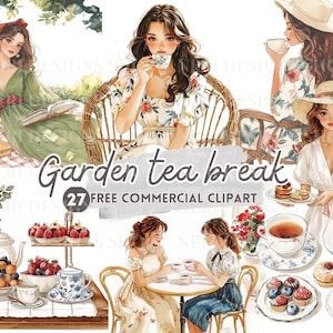 Clipart de aquarela para pausa para chá no jardim, Garota bebendo chá PNG comercial grátis, Adesivo de diário feminino, Xícara de chá, Bule de chá, Piquenique ao ar livre