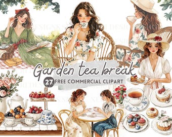 May include: Watercolor illustrations of women enjoying a garden tea break. The image features women in dresses, tea sets, pastries, and the text "Garden tea break" and "27 FREE COMMERCIAL CLIPART". The overall theme is a vintage, romantic aesthetic.