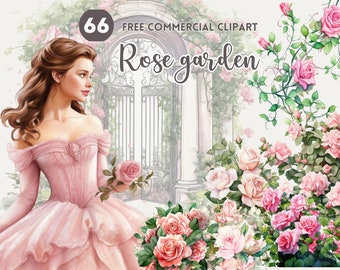 Rose garden watercolor clipart bundle Floral free commercial png set Rose arch Instant Download Blooming Birth month flower illustration set