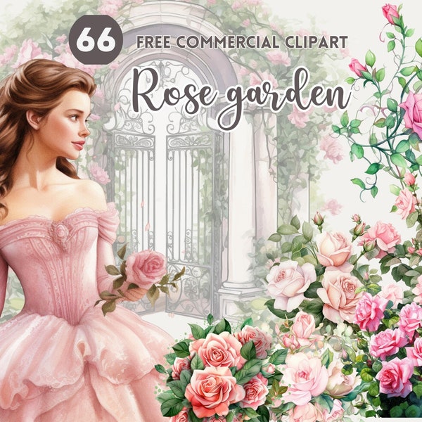 Rose garden watercolor clipart bundle Floral free commercial png set Rose arch Instant Download Blooming Birth month flower illustration set